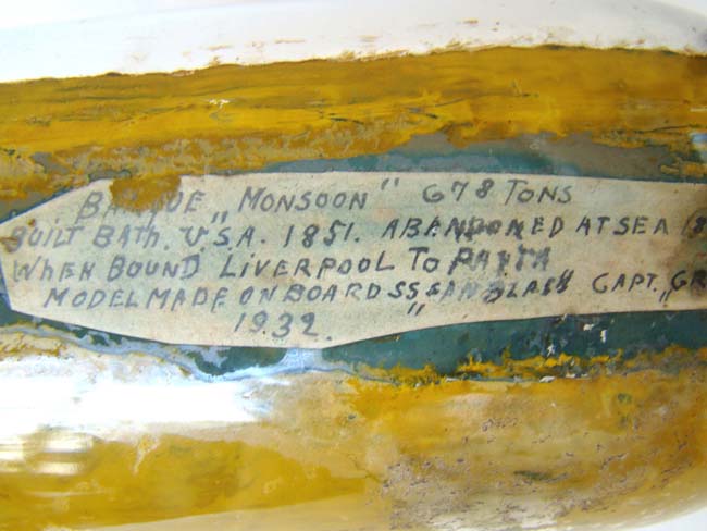A rare American ship-in-a bottle with paper label giving complete history and year made 1932 — image 2